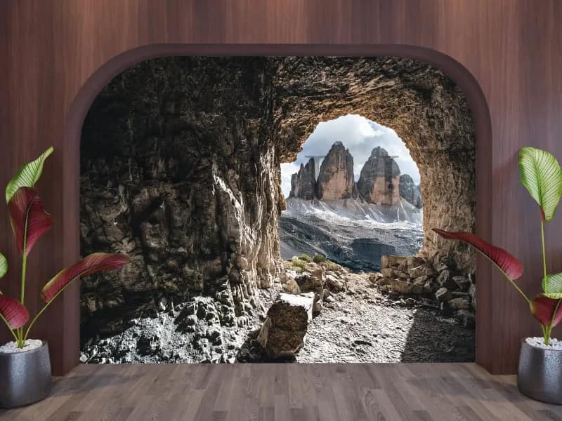 Mağaradan Dağ Manzaralı 3D Duvar Kağıdı