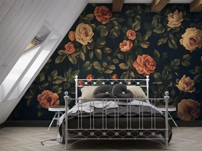 Siyah Zeminli Vintage Gül Desenli Duvar Kağıdı