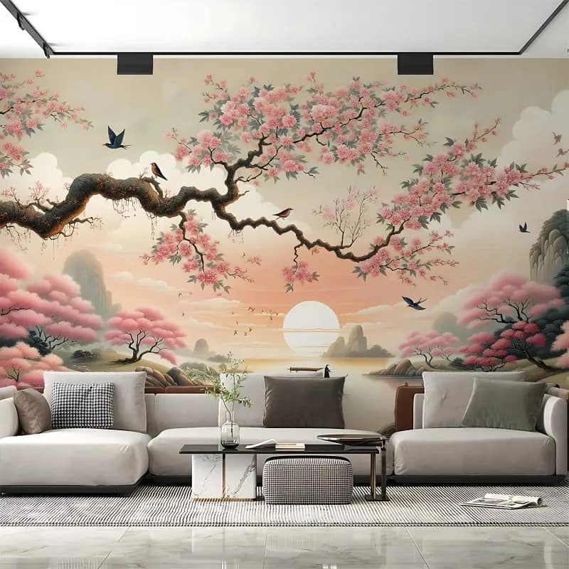 Pembe Sakura Ağaçlı Gün Batımı Duvar Kağıdı
