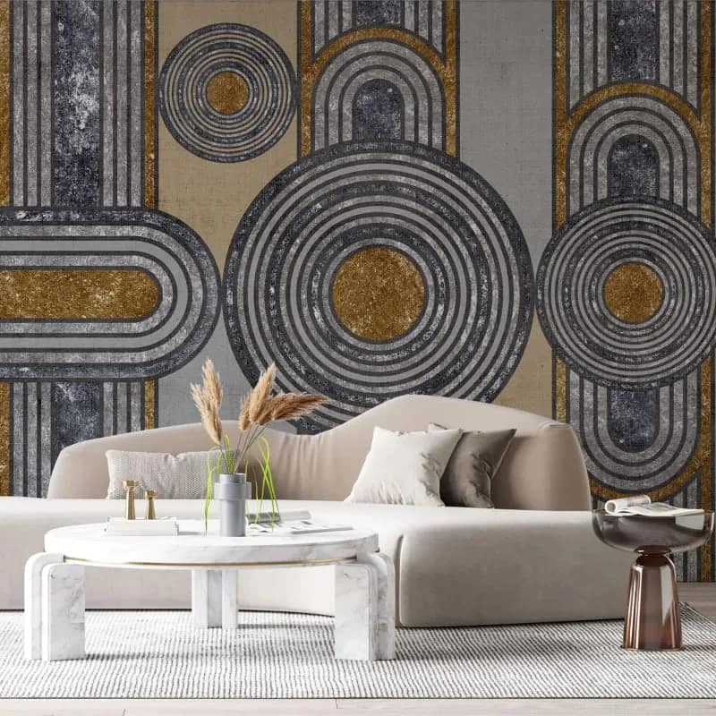 Gri Altın Geometrik Daire Desenli Duvar Kağıdı