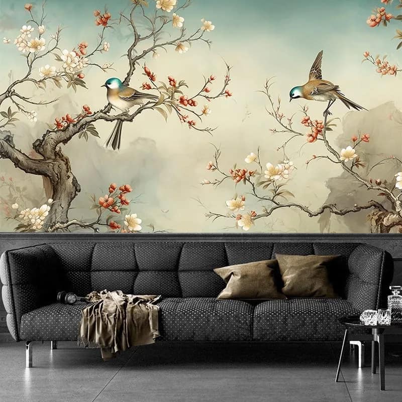 Krem Zeminli Kuşlu Sakura Dallı Duvar Kağıdı