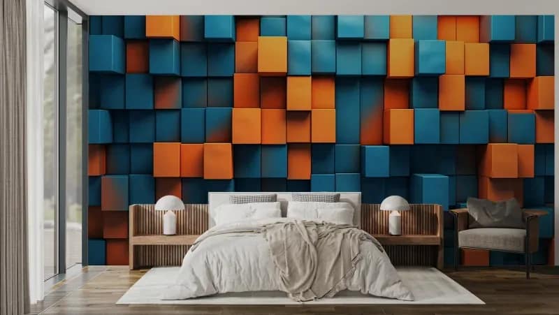Lacivert Turuncu Küp Geometrik 3D Duvar Kağıdı