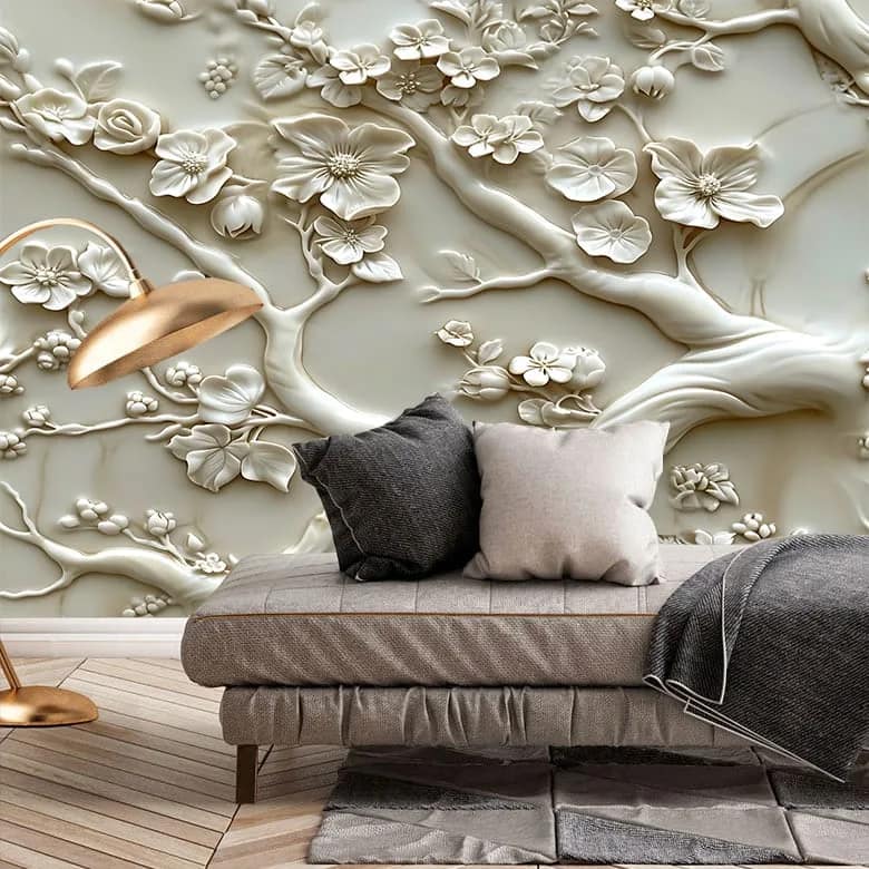 Krem Kabartma Çiçekli Ağaç 3D Duvar Kağıdı