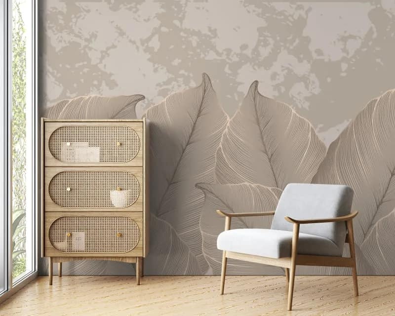 Bej Çizgisel Yapraklı Minimal Duvar Kağıdı