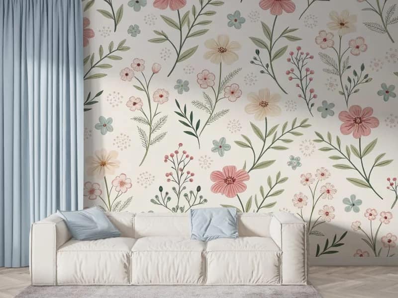 Krem Zeminli Pastel Kır Çiçekli Duvar Kağıdı