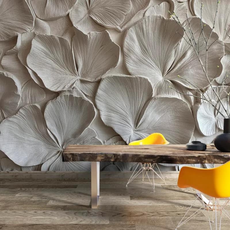 Gri Kabartma Yaprak Desenli 3D Duvar Kağıdı
