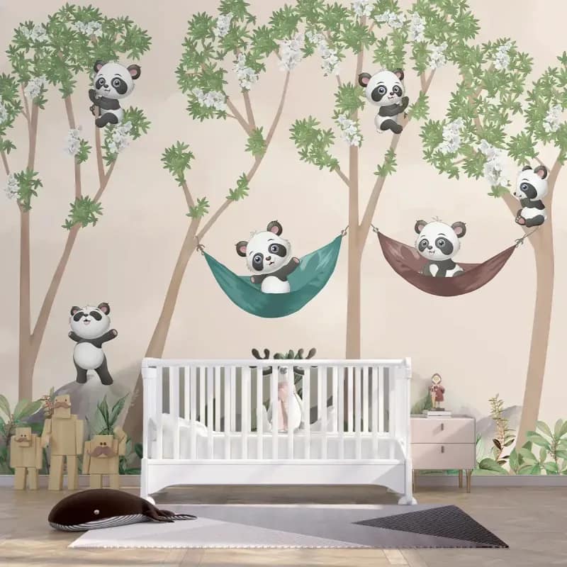 Ağaçta Hamaklı Pandalar Bebek Odası Duvar Kağıdı