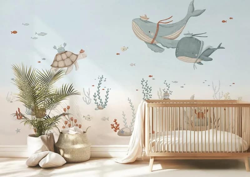 Uçan Balina ve Kaplumbağalı Bebek Odası Duvar Kağıdı
