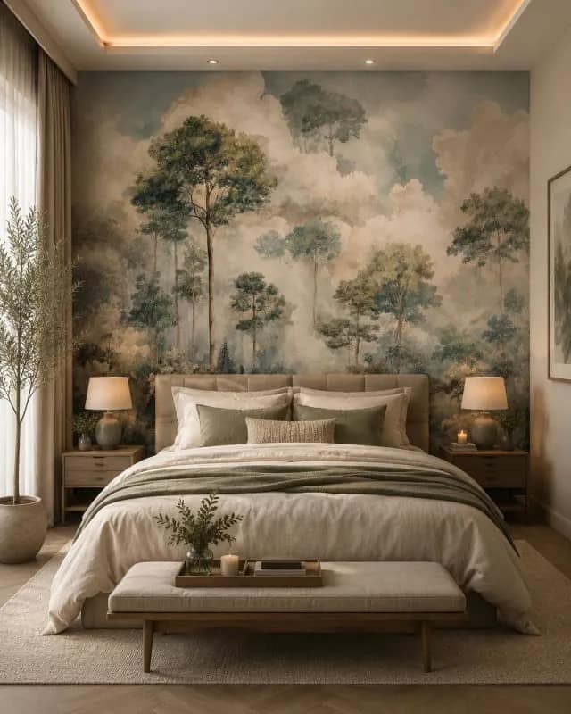 Bej Vintage Ağaçlı Orman Manzaralı Duvar Kağıdı